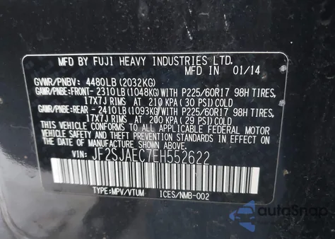 2014 Subaru Forester 2.5I Premium from USA, damaged, VIN JF2SJAEC7EH552622